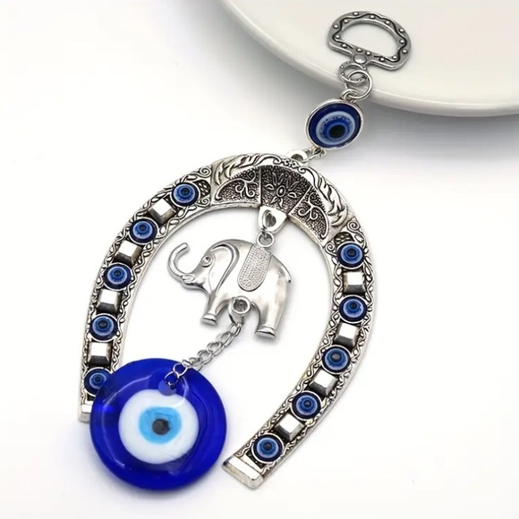 NWT Ornate Silver Metal Elephant🐘 Blue Evil Eye 🧿 Horseshoe Hanging Decoration - Picture 2 of 11